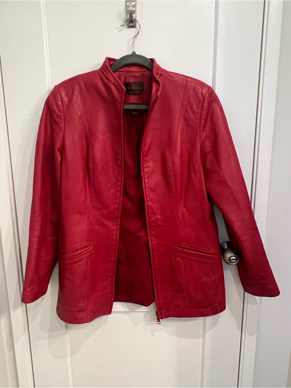 Danier Red Leather Open-Front Jacket with Stand Collar